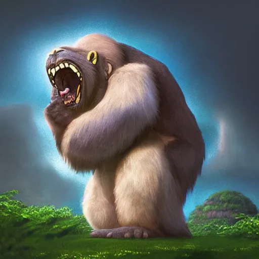 Image similar to cutie fluffy creature with king kong, digital art, 3 d, octave render, masterpiece, mega detailed, pixar, disney, vivid illustration, cartoon, fantasy, by george stubbs, artgerm, in the style of ghibli kazuo oga, pastel fur