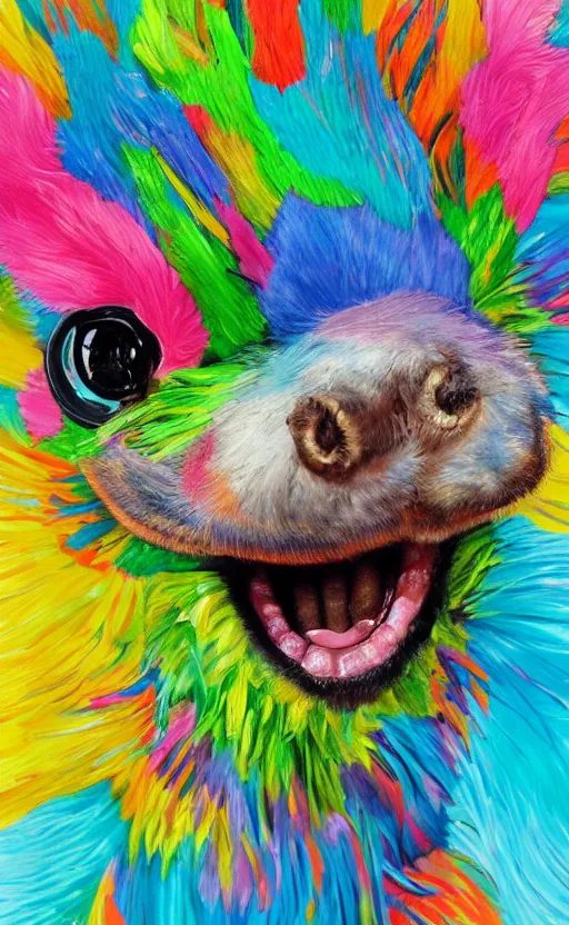 Prompt: a bright and colorful detailed photorealistic painting of a funny looking character. the character is making a silly face and the background is filled with happy looking animals. high quality. photorealistic. hq. hd. 4 k. award winning. trending on artstation