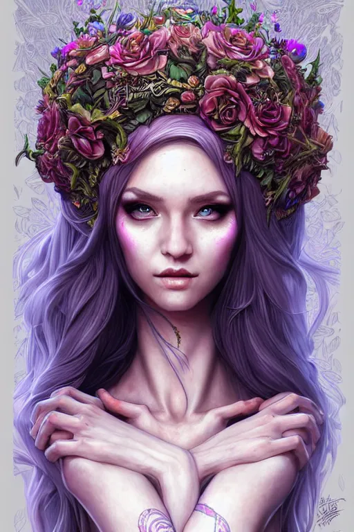 Prompt: digital art, centered full body elven bride, vivid flower crown ,intricate, veins, by James Jean and by artgerm , ultradetailed, charachter design, concept art, trending on artstation,