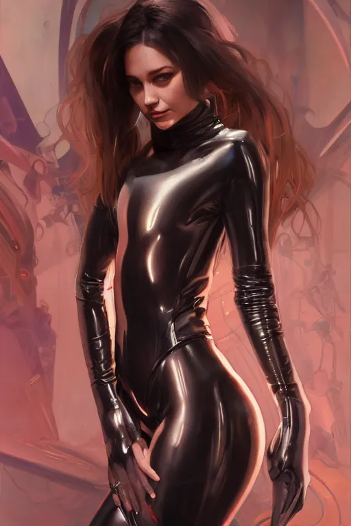 Prompt: Portrait of seductive but dangerous woman wearing a tight leather suit walking down a spaceship corridor with a flamethrower, sci-fi, detailed, oil painting, artstation, pixiv, Krenz Cushart, WLOP, Artgerm, Alphonse Mucha