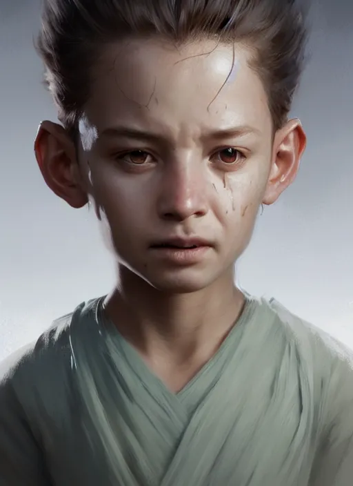 Prompt: a portrait of a sage child with an enormously large head, an ancient pale sage child with macrocephaly, highly detailed, digital painting, artstation, concept art, intricate, elegant, smooth, sharp focus, art by wlop, mars ravelo and greg rutkowski and craig mullins