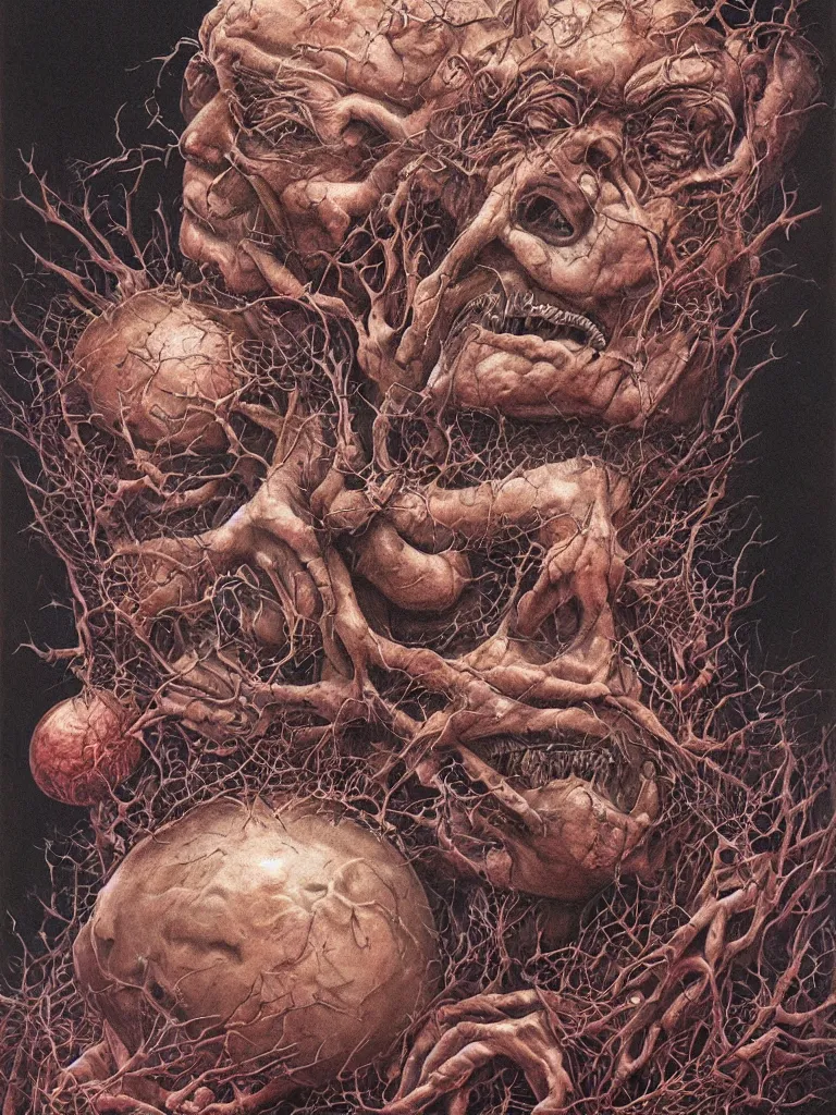 Prompt: a portrait of donald trump as a tumor by dan seagrave, wayne barlowe and zdzisław beksinski, front and center, intricate detail, surrealist, macabre, dark, horror, pain, suffering, death