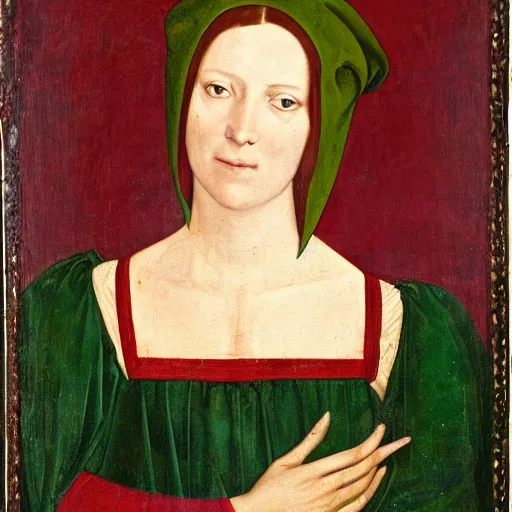 Image similar to portrait of a 40 years old women, dark red hair, green eyes, in medieval clothing, renaissance painting