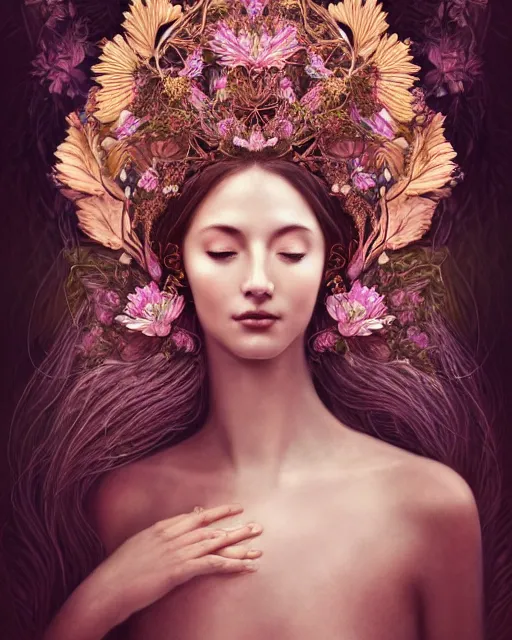 Prompt: portrait of a beautiful goddess of nature, graceful beauty, esoteric, ornamental, nature and floral aesthetics, other worldly colors, head in focus, intricate, elegant, highly detailed, artstation, artistic, concept art, hasselbrad, full frame, photography, sharp focus, illustration, art style by emilia elfe