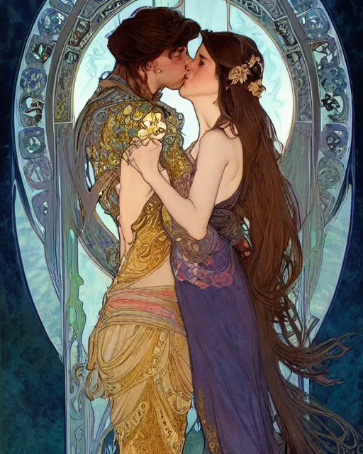 Image similar to the kiss | highly detailed | very intricate | art nouveau | gold filigree | romantic storybook fantasy | soft cinematic lighting | award - winning | disney concept art watercolor illustration by mandy jurgens and alphonse mucha and alena aenami | pastel color palette | featured on artstation