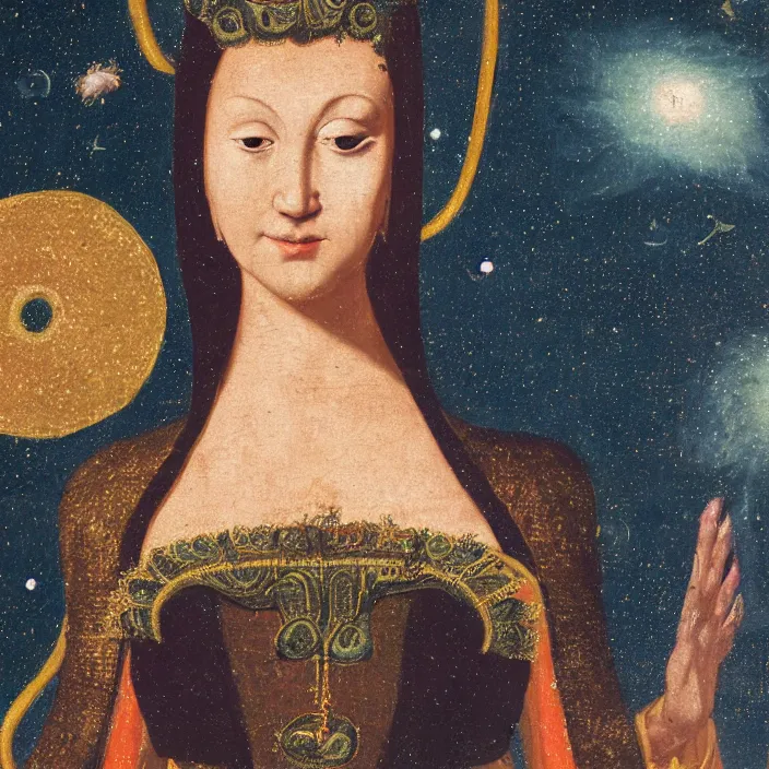 Image similar to a closeup portrait of an eel goddess, in a nebula, early netherlandish painting,