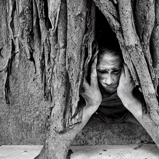 Prompt: The art installation shows a man caught in a storm, buffeted by wind and rain. He clings to a tree for support, but the tree is bent nearly double by the force of the storm. The man's clothing is soaked through and his hair is plastered to his head. His face is contorted with fear and effort. wabi-sabi, coloring-in sheet by William Steig lush