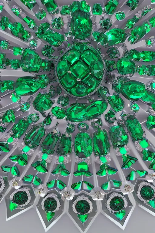 Prompt: Brilliant cut Emerald encased in an intricate ornate necklace beautifully lit. Ultra HD. 8K. V-ray. Octane Render. Global illumination. Cycles. GPU render. Sharp. Smooth lighting.