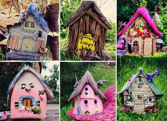 Image similar to “fairy princesses, cute houses of various kinds, witches on broomsticks, ugly trolls with fat heads, ladybirds, a troll driving a bulldozer and crushing a house”