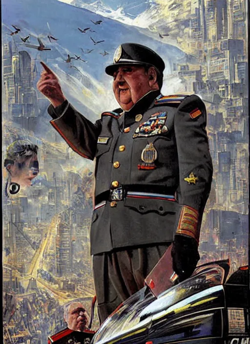 Image similar to pinochet as a cyborg as the dictator of chile illustrations by john berkey