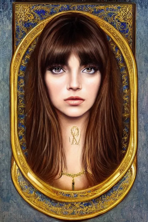 Prompt: hyper realistic painting portrait of brunette with bangs, intrincate ornaments, gold decoration, caligraphy, occult art, illuminated manuscript, oil painting, art noveau