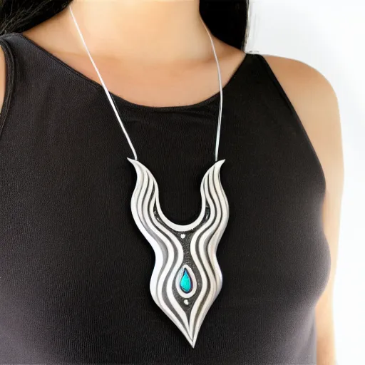 Prompt: amulet of wave inlaid in silver, on a young beautiful woman neck, realistic, clean,