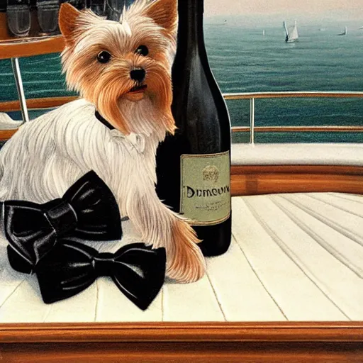 Image similar to a Yorkshire terrier on a yacht wearing a black bow tie holding a bottle of Dom Pérignon, extremely detailed masterpiece, illustration, by Michael Sowa,