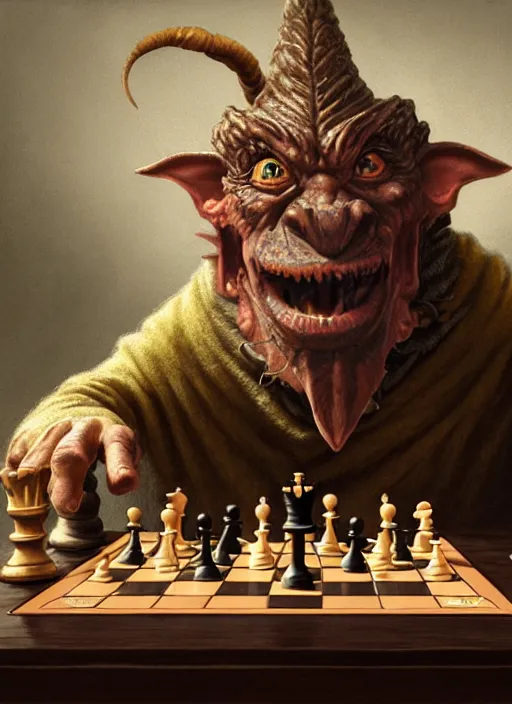 Prompt: highly detailed closeup portrait of a medieval goblin playing chess, stephen bliss, unreal engine, greg rutkowski, ilya kuvshinov, ross draws, hyung tae and frank frazetta, tom bagshaw, tom whalen, nicoletta ceccoli, mark ryden, earl norem, global illumination, god rays, detailed and intricate environment