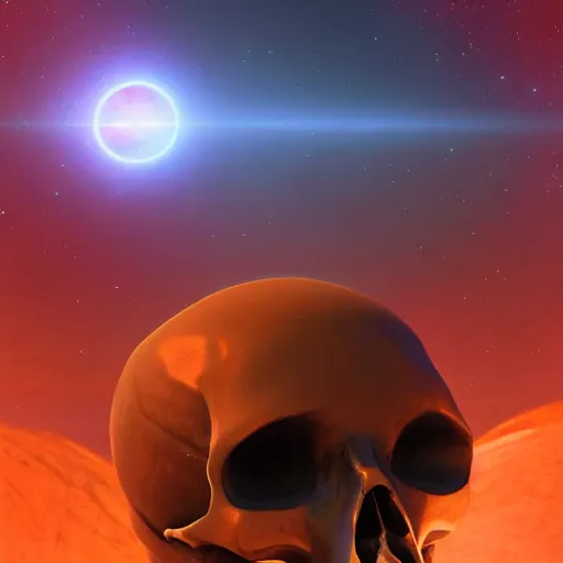 Prompt: a planet that looks like a skull, stars in the background, natural, ultra detail. digital painting, beautiful, concept art, ethereal, cinematic, epic, ray tracing 8k, high detail, Artstation, illustration, Trending on Artstation, Artstation HQ, Artstation HD, deviant art, Pinterest, digital art,