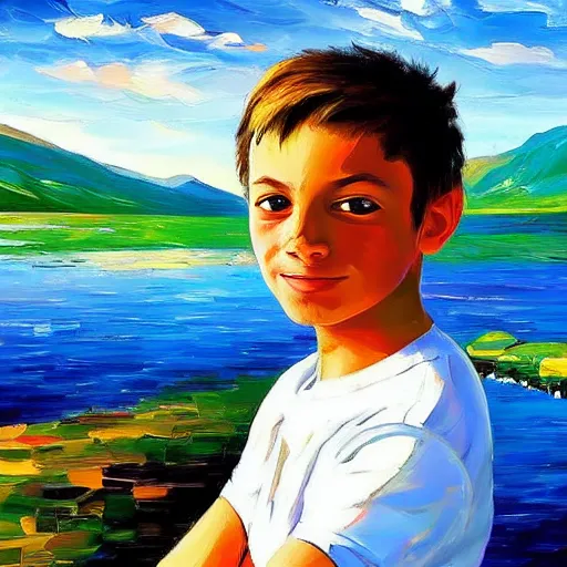 Prompt: a portrait of a ten year old boy in a scenic environment by Afremov, Leonid