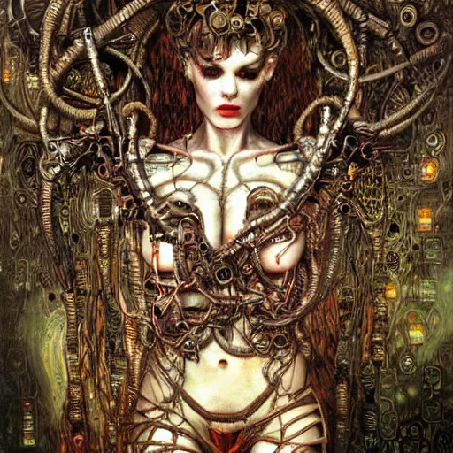 Image similar to horned cybernetic demon trapped in circuitry, intricate detail, klimt, royo, whealan,