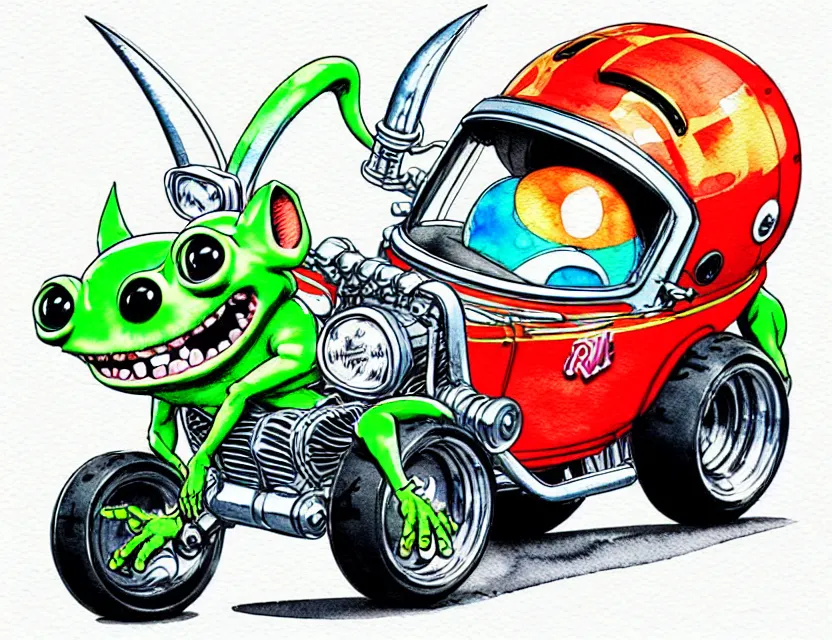 Image similar to cute and funny, gremlin wearing a helmet riding in a hot rod with oversize engine, ratfink style by ed roth, centered award winning watercolor pen illustration, isometric illustration by chihiro iwasaki, edited by range murata, tiny details by artgerm and watercolor girl, symmetrically isometrically centered