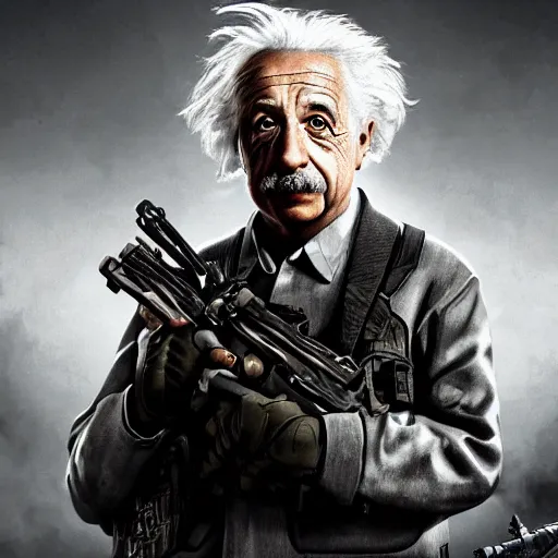 Image similar to Albert Einstein in Call of Duty Black Ops, highly detailed, high quality, HD, 4k, 8k, Canon 300mm, professional photographer, 40mp, lifelike, top-rated, award winning, realistic, sharp, no blur, edited, corrected, trending