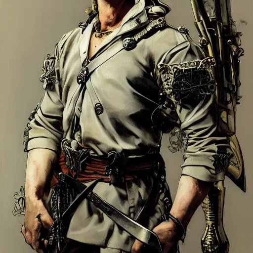 Image similar to portrait of a young white hero using his right arm to hold his sword covering his eye by yoji shinkawa, high quality, extra details, realism, ornate, colored, golden chain, blood, white skin, short hair, brown eyes, vivid, sunlight, dynamic, american man, freedom, white american soldier, painting, cybernetics, military