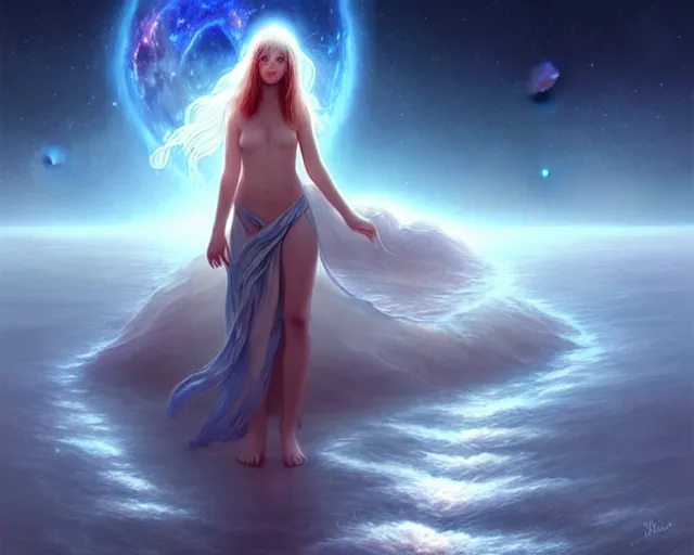 Image similar to a lone beautiful ethereal spirit floating & walking along the shimmering crystalline shores of eternity, universe and planets and stars in the sky, unusual surreal, gorgeous artwork by artgerm, rutkowski, wlop, detailed, dramatic lighting