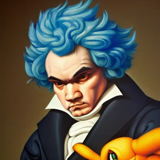 Prompt: a beethoven-koopa-hybrid with blue-hair and a sceptor baton for orchestrating his symphony by Raphael, Hopper, and Rene Magritte. detailed, romantic, enchanting, trending on artstation.