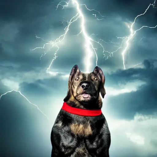 Image similar to a canine thor holding thor's hammer in its paw, dramatic lightning background, flying