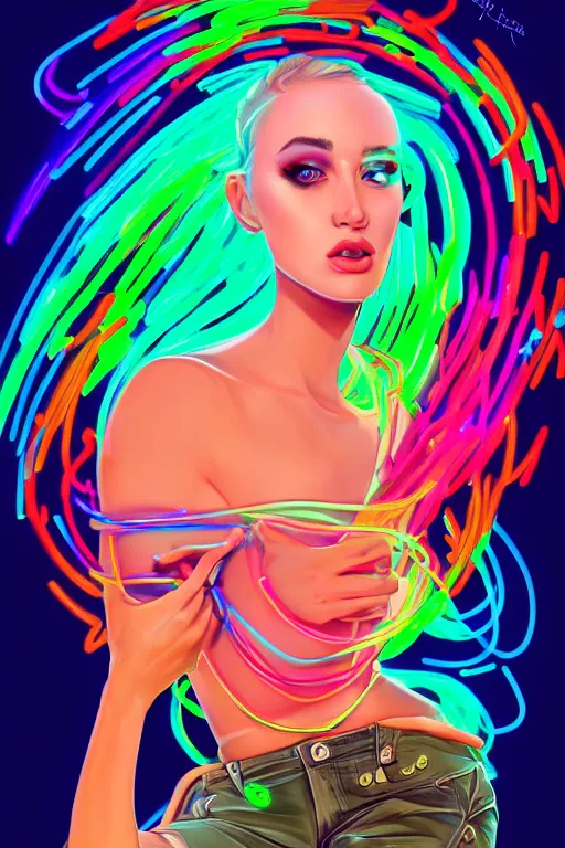 Image similar to a award winning portrait of a beautiful woman with stunning eyes in a one off shoulder croptop and cargo pants with rainbow colored hair, outlined by whirling illuminated neon lines and fine lines swirling in circles by rhads, digital art, trending on artstation