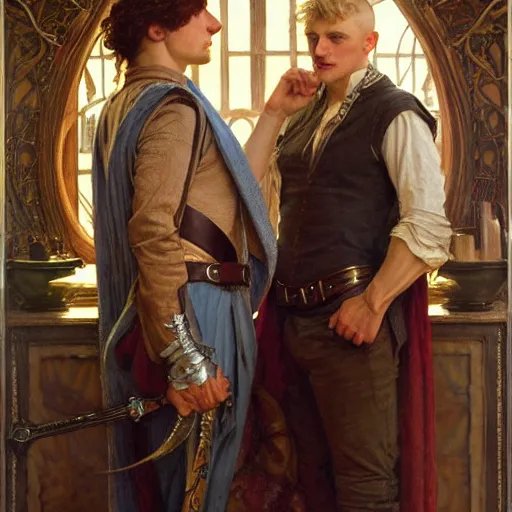 Image similar to manly arthur pendragon and manly merlin. focus on their faces. natural lighting. highly detailed painting by gaston bussiere, j. c. leyendecker, alphonse mucha, greg rutkowski, 8 k