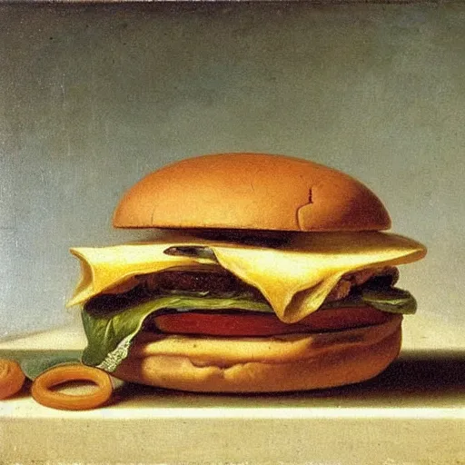 Image similar to hamburger in still life. dutch masters, 1 8 th century. oil on canvas. juicy, fresh, delicious, mouth - watering