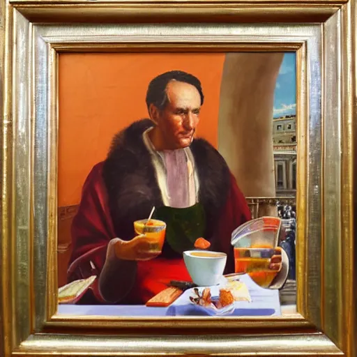 Image similar to Julios Caesar enjoying a cup of bubble tea in rome, oil painting