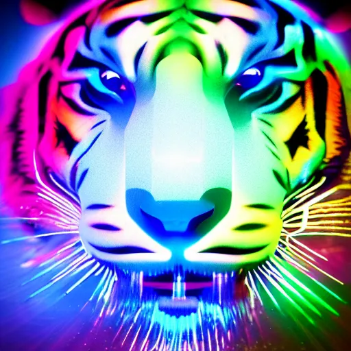 Prompt: glowing holographic futuristic plastic sculpture of tiger face render, transparent celestial light gels, vibrant acrylic glass crinkled correction gel, colored film face by okuda san miguel, glowing stars, glinting, glittering, cyan, white, ultra realistic, photorealistic, 3 d render, unreal engine, octane render, sharp, studio