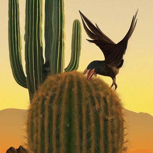 Image similar to A dodo bird perched atop a Saguaro cactus in the desert, full body, digital art, trending on Artstation, high detail, sharp focus, illustration, art by artgerm and greg rutkowski and alphonse mucha.