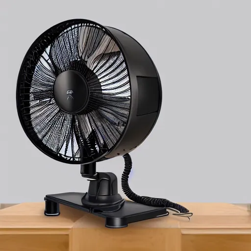 Prompt: desk fan with a tube attached to the back leading to the top of the room, professional photography, studio lighting