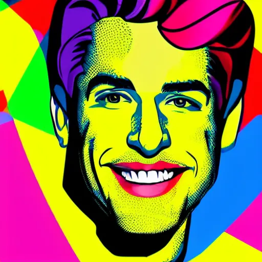 Image similar to handsome male, big chin, smile, colorful pop art style, cartoon style