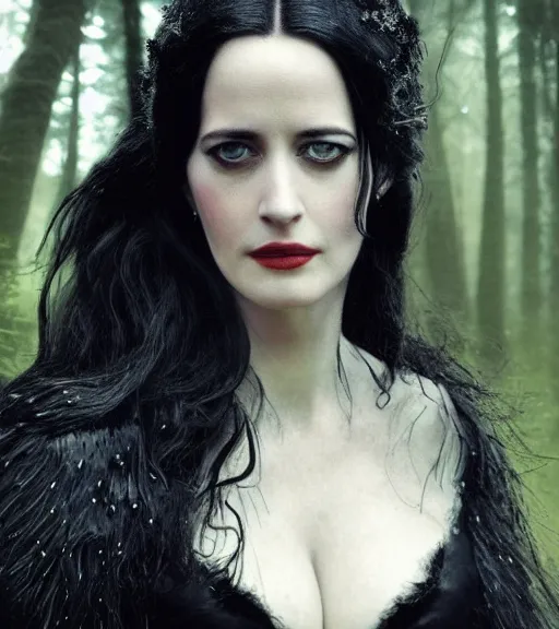 Image similar to 5 5 mm close up portrait photo of eva green as yennefer of vengerberg in black leather armor and long black fluff hair, in a forest. magical atmosphere. art by greg rutkowski. lifelike. very detailed 8 k. intricate. soft light. nikon d 8 5 0.