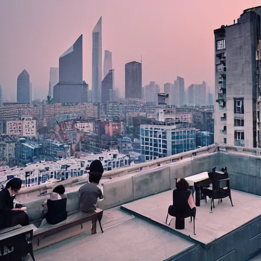 Image similar to a small rooftop with a couple of people sitting and watching the view, wearing black modern clothes, modern shanghai bund is on the background, sunset, by gregory crewdson, smog