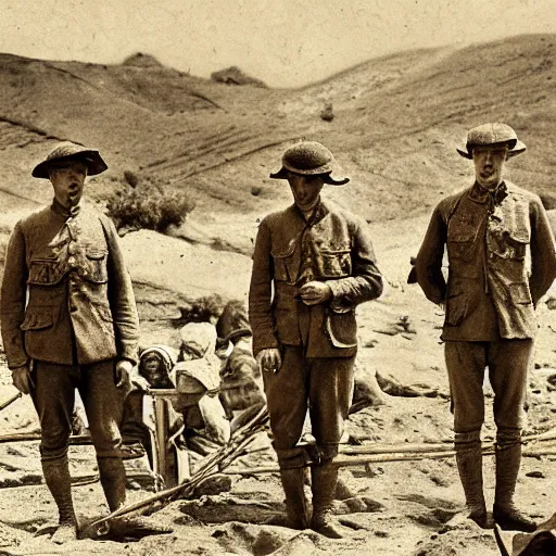 Image similar to a detailed photorealistic sepia - toned photo from 1 9 1 7, three clean - shaven british soldiers standing with two bedouin traders, at an archaeological dig site, ultra realistic, painted, intricate details, lovecraft, atmospheric, dark, horror, brooding, highly detailed, by clyde caldwell