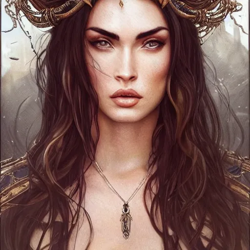 Prompt: an attractive young female with metal rings on her skin wearing an thorne crown, megan fox, olive skin, long dark hair, beautiful bone structure, intricate, elegant, highly detailed, digital painting, artstation, concept art, smooth, sharp focus, illustration, art by artgerm and greg rutkowski and alphonse mucha