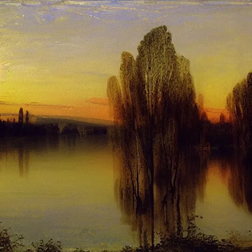 Image similar to a landscape of a lake and trees, by Isaac Levitan, J.M.W Turner, scenic, dusk, high textures, reflections, atmospheric, blue water, dramatic