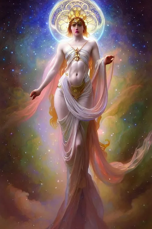 Image similar to Full view realistic ethereal stunning Celestial Goddess of cosmic nebula in a beautiful dress, 4k digital painting masterpiece by Mandy Jurgens and Ruan Jia, ornate Iconography background in the style of Alphonse Mucha, tarot card, amazing, magnificent, mystical, Hyperdetailed, award winning art, Ross Tran, wlop, Artgerm, Craig Mullins, detailed and realistic, soft lighting, intricate details, realistic, full view, Artstation, CGsociety