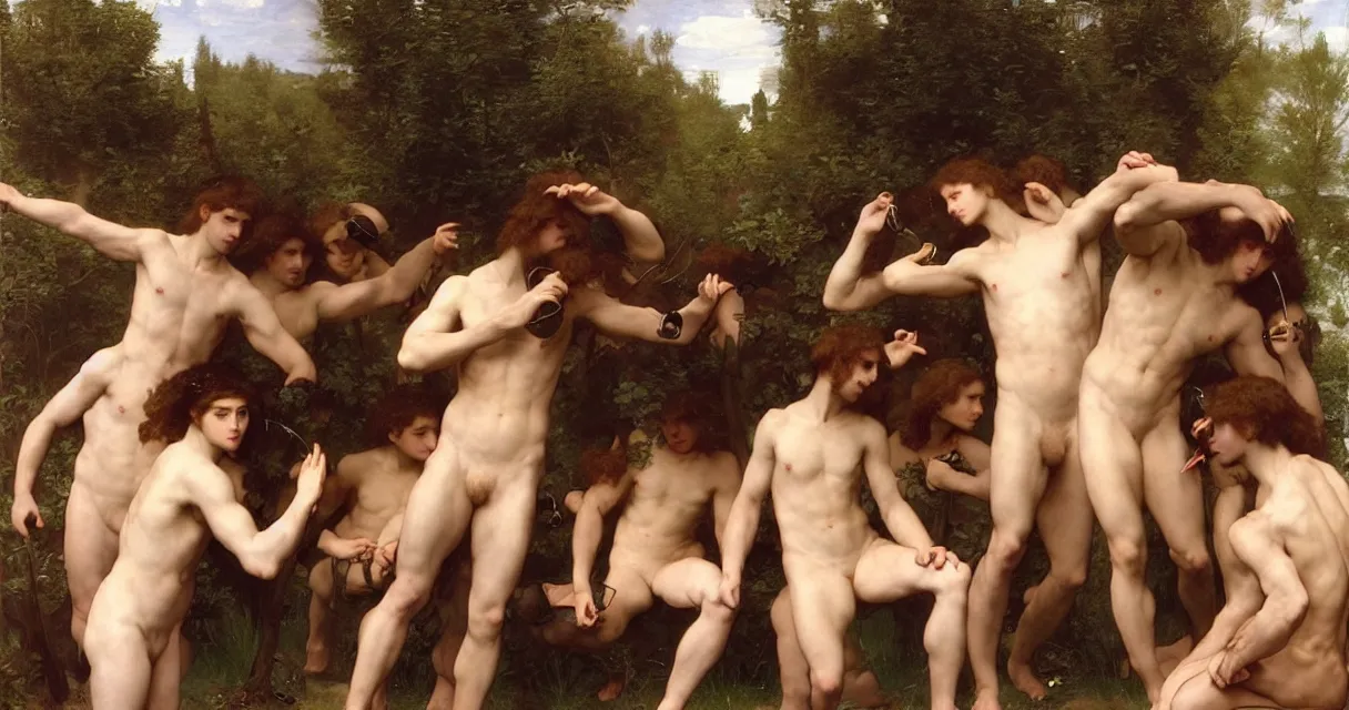 Image similar to large group of pre-Raphaelite muscular athletic male gamers wearing headsets!!!!! holding laptops!!!! playstation!!! x-box! and PC by Bouguereau and raphael