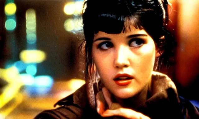 Image similar to full - color cinematic movie still from the 1 9 8 2 film blade runner starring actress phoebe cates. science - fiction ; action ; neon ; gritty ; dystopian ; detective mystery. detailed facial - features.