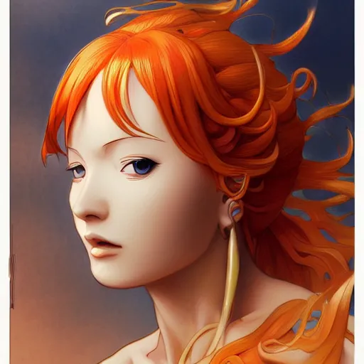 Prompt: intricately detailed vfx portrait of nami from one piece by eiichiro oda, makoto shinkai, alphonse mucha, art by artgerm and greg rutkowski, best of behance, concept art, matte, sharp focus, orange hair, elegant, adolphe bouguereau, annie leibovitz, stanley kubrick,