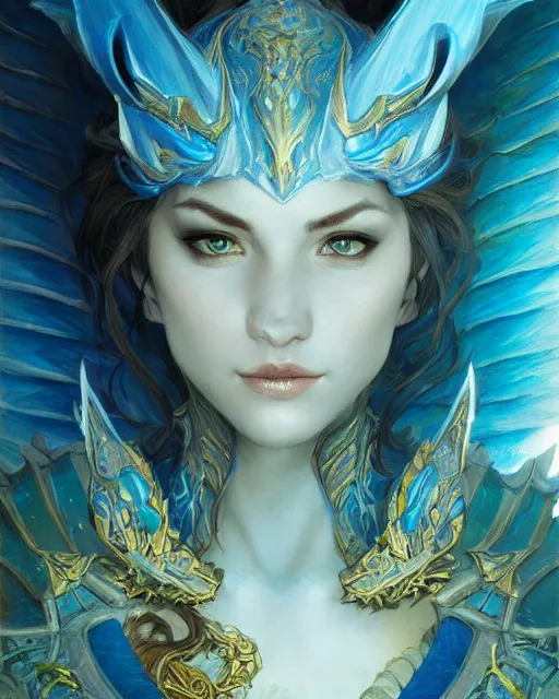 Image similar to Portrait of a Fantasy azure dragon, HD, illustration, epic, D&D, fantasy, intricate, elegant, highly detailed, digital painting, artstation, concept art, smooth, sharp focus, illustration, art by artgerm and greg rutkowski and alphonse mucha, monster hunter illustrations art book