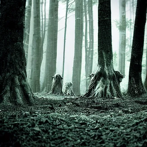 Prompt: woodland photograph of faceless demons crawling out of a hole in reality