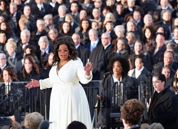 Image similar to oprah winfrey gives inaugural address on the steps of the capitol, 3 5 mm photography, highly detailed, cinematic lighting, standing pose, fully body shot, holding lightsaber 4 k