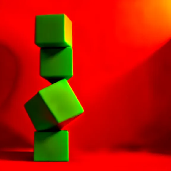 Image similar to a 3 d render of a stack of green cubes on the left and an orange ball on the right in a red room, blender, ue 5, octane render, trending on artstation