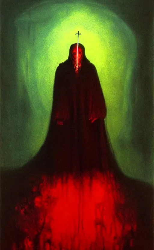 Image similar to an old priest in templar armor, king of hell, in the style of zdzislaw beksinski, glowing light and shadow, hyperrealist