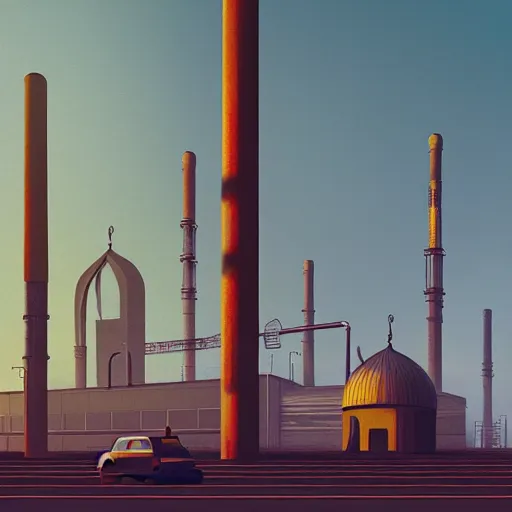 Image similar to mosque in style of steel factory, mist, simon stalenhag